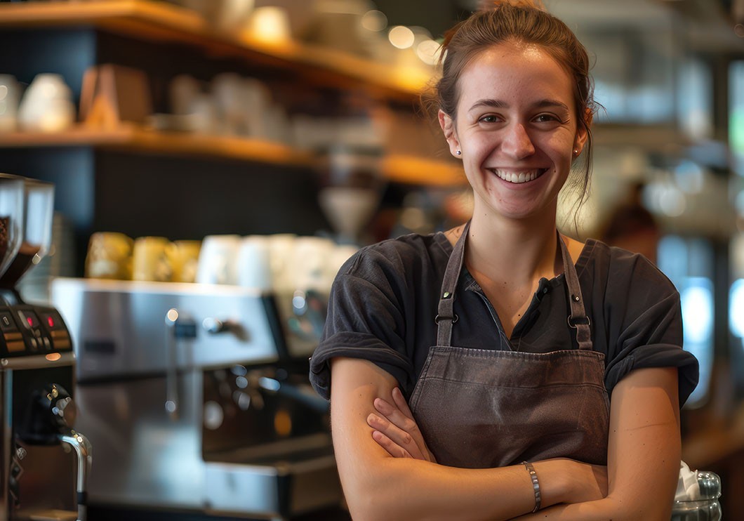 femme responsable d'un café avec en arrière plan un restaurant