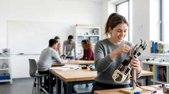 Une étudiante en ingénierie travaille sur un bras robotisé dans un laboratoire.