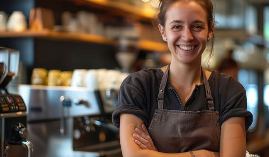 femme responsable d'un café avec en arrière plan un restaurant